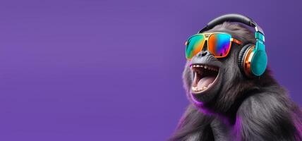 close up portrait of gorilla wearing glasses and headset, pleasant smile expression, listening to music concept happily, on copy space background. photo