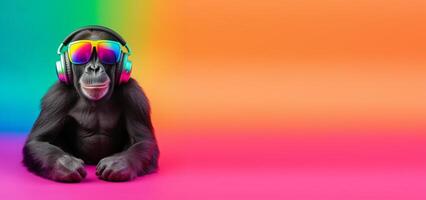 close up portrait of gorilla wearing glasses and headset, pleasant smile expression, listening to music concept happily, on colorful copy space background. photo