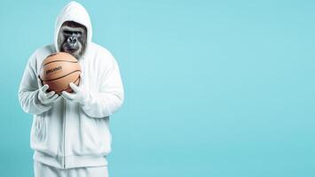 Studio shot of gorilla in jacket holding basketball, stylized as sports model, against pastel blue copy space background. photo