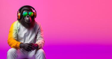 close up portrait of gorilla wearing glasses and headset, pleasant smile expression, listening to music concept happily, on colorful copy space background. photo