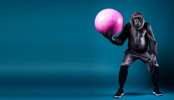 Studio shot of gorilla in dress holding ball, stylized as sports model, against blue copy space background. photo