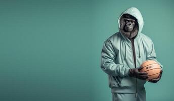 Studio portrait of a gorilla in a jacket holding a basketball, stylized as a sports model, against a green copy space background. photo