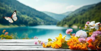 empty wooden table decorated with colorful flowers. Blurred lake and mountain view background. copy space. For product displays. templates, media, printing, etc., generate ai photo