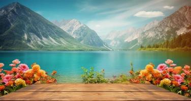 empty wooden table decorated with colorful flowers. Blurred lake and mountain view background. copy space. For product displays. templates, media, printing, etc., generate ai photo
