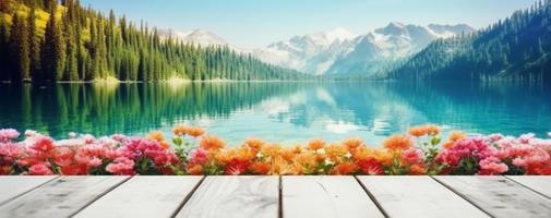 empty wooden table decorated with colorful flowers. Blurred lake and mountain view background. copy space. For product displays. templates, media, printing, etc., generate ai photo