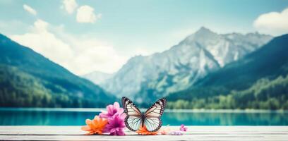 empty wooden table decorated with colorful flowers. Blurred lake and mountain view background. copy space. For product displays. templates, media, printing, etc., generate ai photo