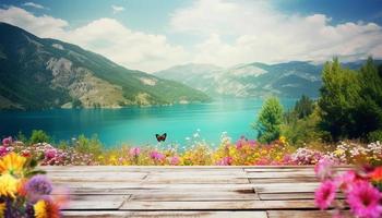 empty wooden table decorated with colorful flowers. Blurred lake and mountain view background. copy space. For product displays. templates, media, printing, etc., generate ai photo