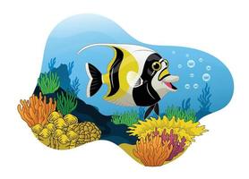 Moorish Idol cartoon swiming in the coral habitat vector