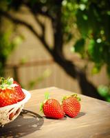 Berries of juicy strawberries in a wicker bowl in rustic style photo