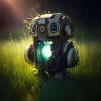 Broken small robot standing on the grassland close up photo