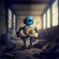 Robot working with advance technology inside of a under construction old building photo