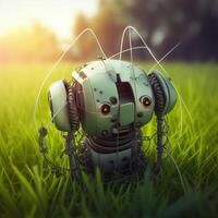 Cute broken robot walking on the grassland photo