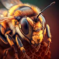 Close up macro view of beautiful honey bee on the honeycomb photo