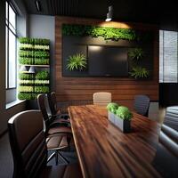 ai generado negocio reunión habitación con de madera muebles y verde plantas foto