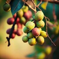 Hanging raw fruits on a branch with soft bokeh background photo