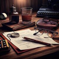 Business document and stationary on the wooden textured desk photo