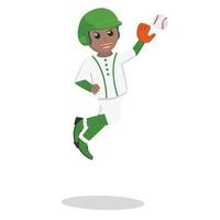 béisbol jugador africano saltando y captura el pelota diseño personaje en blanco antecedentes vector