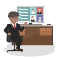 empresario africano utilizar computadora para virtual reunión diseño personaje en blanco antecedentes vector