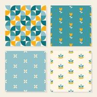 Set of four abstract patters in the Bauhaus style with geometric flowers in bright colors. vector