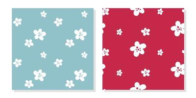 Set of two patterns with cute simple white flowers with crimson dots on a blue and red background vector