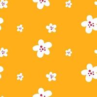 Seamless pattern cute simple white flowers with crimson dots on a bright yellow background vector