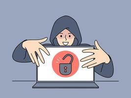 Hacker in hood touching open laptop with padlock symbol on screen steal secure information. Concept of cybersecurity and password and data leakage. Vector illustration.