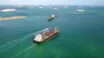 2020-01-02 Singapore. dar antenne visie 4k beeldmateriaal van Internationale containers ladingen schip, vracht vervoer, verzending, handel haven, verzending lading naar haven video