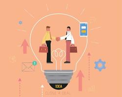 Close a deal flat design with two businessmen shaking hands inside a light bulb, peach orange color background vector