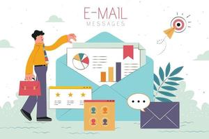 E-mail messages concept flat design with businessman viewing an open envelope, related icons floating in the air vector