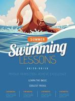 Swimming lesson promotion poster in flat style, with professional athlete doing freestyle in open water vector