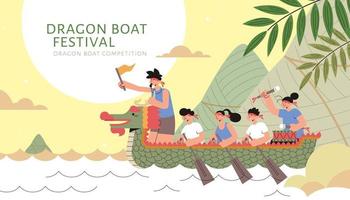 Dragon boat racing team upon river with giant rice dumplings mountain, Duanwu festival illustration vector