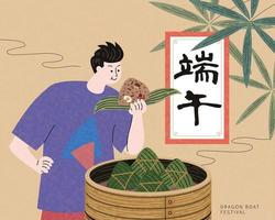 Boy enjoying delicious zongzi in front of bamboo steamers, Duanwu holiday name written in Chinese words vector