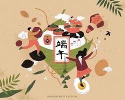 Miniature people standing and sitting on zongzi ingredients, Dragon boat festival and wine written in Chinese calligraphy vector