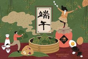 Miniature people with hot steamed zongzi upon wooden table, Duanwu holiday name and wine written in Chinese words vector