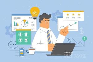 Busy multitasking businessman working with web browsers floating in the air, flat design concept vector