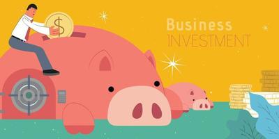 Businessman riding on a piggy bank and putting a coin into it, flat design with vivid yellow background vector