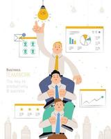 Business teamwork flat design with three businessmen reaching the light bulb by sitting on partners' shoulder vector