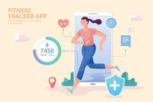 Female character can use smartphone app to track her own health and fitness information, in flat style design vector