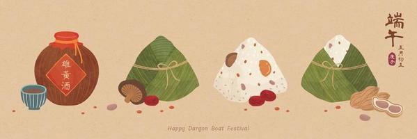 Delicious zongzi and realgar wine banner illustration, Duanwu Festival, date and wine's name written in Chinese calligraphy vector