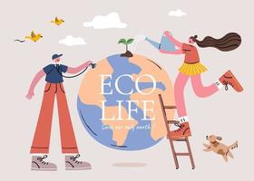 Teenager cooperating with each other to take care of the Earth, concept of eco friendly and sustainable lifestyle vector