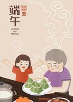 Grandma serving rice dumplings on the holiday, Dragon boat festival on May 5th and zongzi written in Chinese words vector