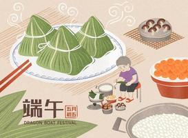 miniatura abuela envase arroz empanadillas para fiesta rodeado por ingredientes, continuar barco festival en mayo 5to escrito en chino palabras vector