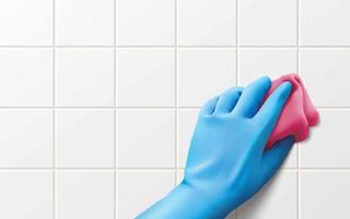 Effect of hand in blue glove holding a red rug and wiping white tile wall, 3d illustration vector