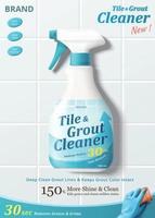 Ad template for tile and grout cleaner with bottle mock-up set in the middle, 3d illustration vector