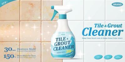 Ad template for tile cleaner, before and after detergent cleaning effect with bottle mock-up in the middle, 3d illustration vector