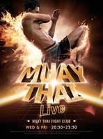 Man doing Muay Thai flying knee with fire effect, realistic 3d illustration live show poster design vector