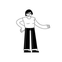 Woman gestures. Modern female character talking. Black and white outline cartoon illustration isolated on white vector