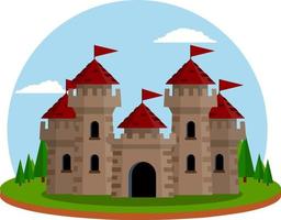 Castle with towers and walls. Defense construction. Medieval European architecture. Home of knight and king. Protection and security. Flat Icon for app and game vector