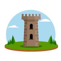 Castle with towers and walls. Defense construction. Medieval European architecture. Home of knight and king. Protection and security. Flat Icon for app and game vector