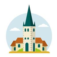 St. Olaf Church. Old historical European city. Christian temple. White tower. Element of medieval town with house and red roof. Estonian Tourist Attraction In Tallinn. vector